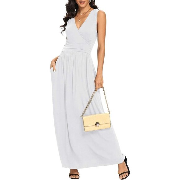 Dresses & Skirts - Women White Deep V Neck Sleeveless Loose Plain Long Maxi Stretchy Dress